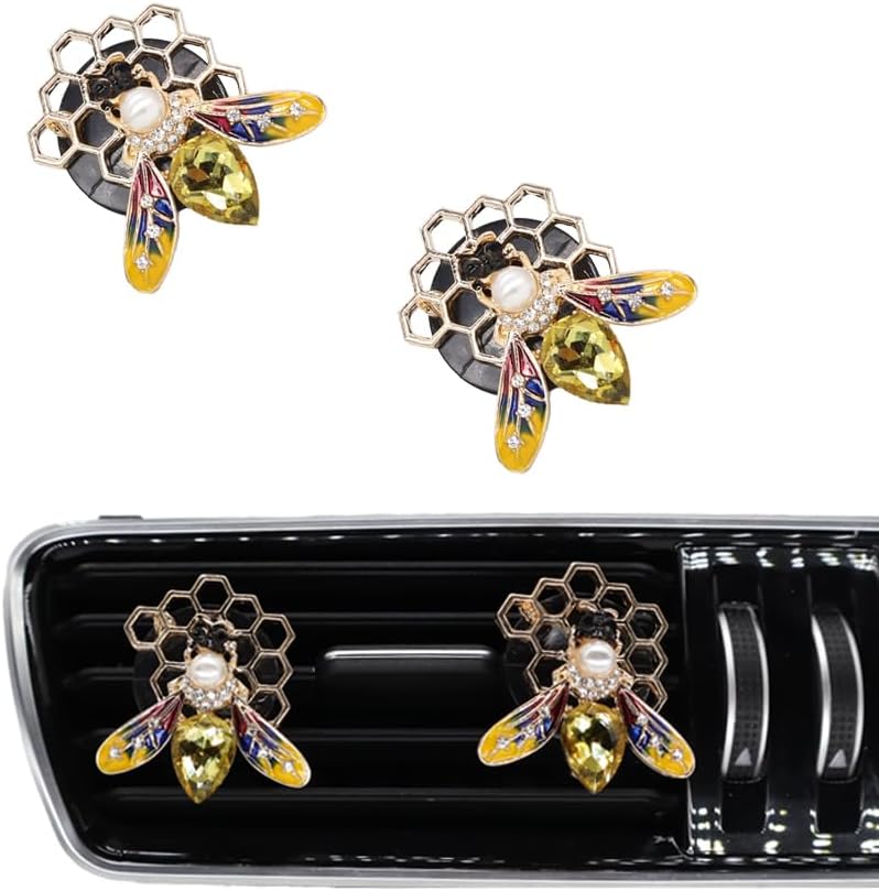 ORIESSE Bee Car Accessories,Bling Car Air Freshener Vent Clips | 2pcs Yellow Honeycomb Bee Car Decor for Women,Cute Pearl Rhinestone Dashboard Decorations,Refiilable Diffusers