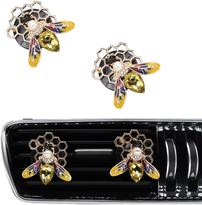 ORIESSE Bee Car Accessories,Bling Car Air Freshener Vent Clips | 2pcs Yellow Honeycomb Bee Car Decor for Women,Cute Pearl Rhinestone Dashboard Decorations,Refiilable Diffusers