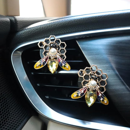 ORIESSE Bee Car Accessories,Bling Car Air Freshener Vent Clips | 2pcs Yellow Honeycomb Bee Car Decor for Women,Cute Pearl Rhinestone Dashboard Decorations,Refiilable Diffusers