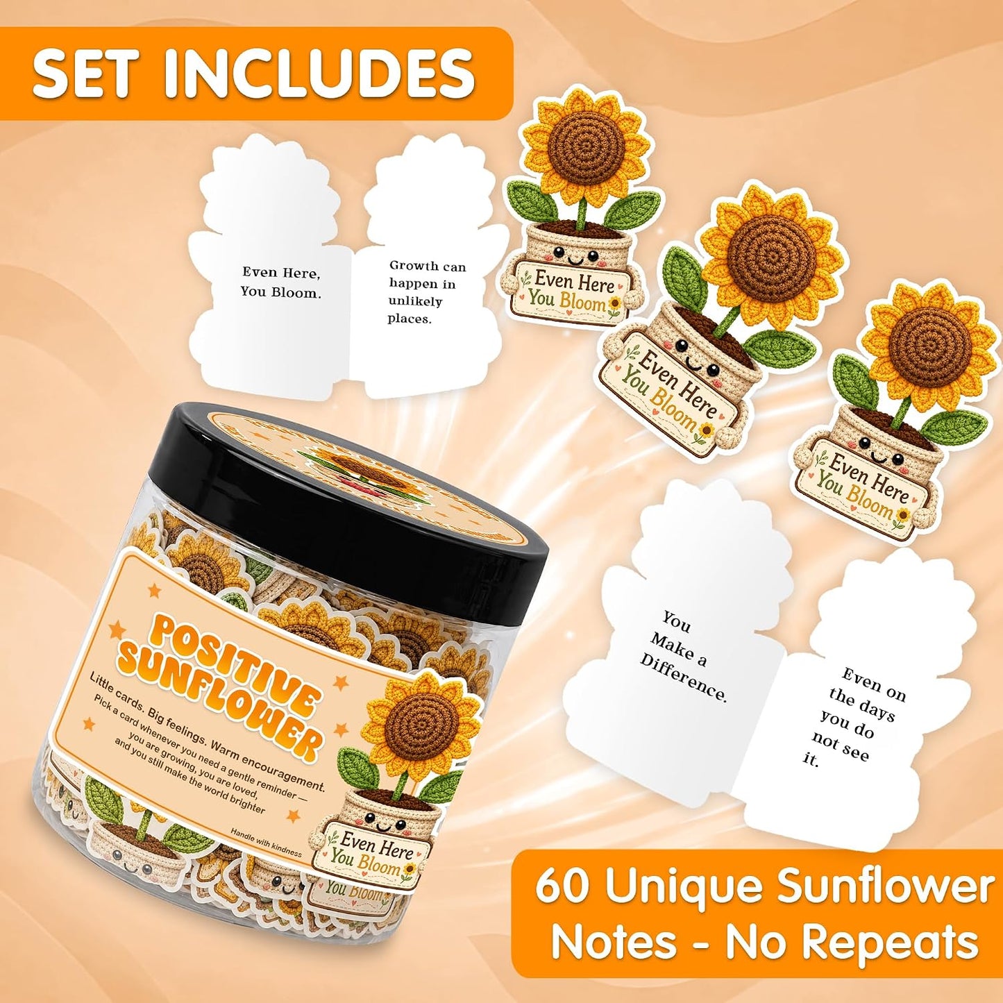 Positive Sunshine Jar with 60 Affirmation Cards - Box of Sunshine Gifts for Women, Cheer Up & Thinking of You Gift, Yellow Encouragement Decor for Best Friend, Birthday, Get Well & Christmas