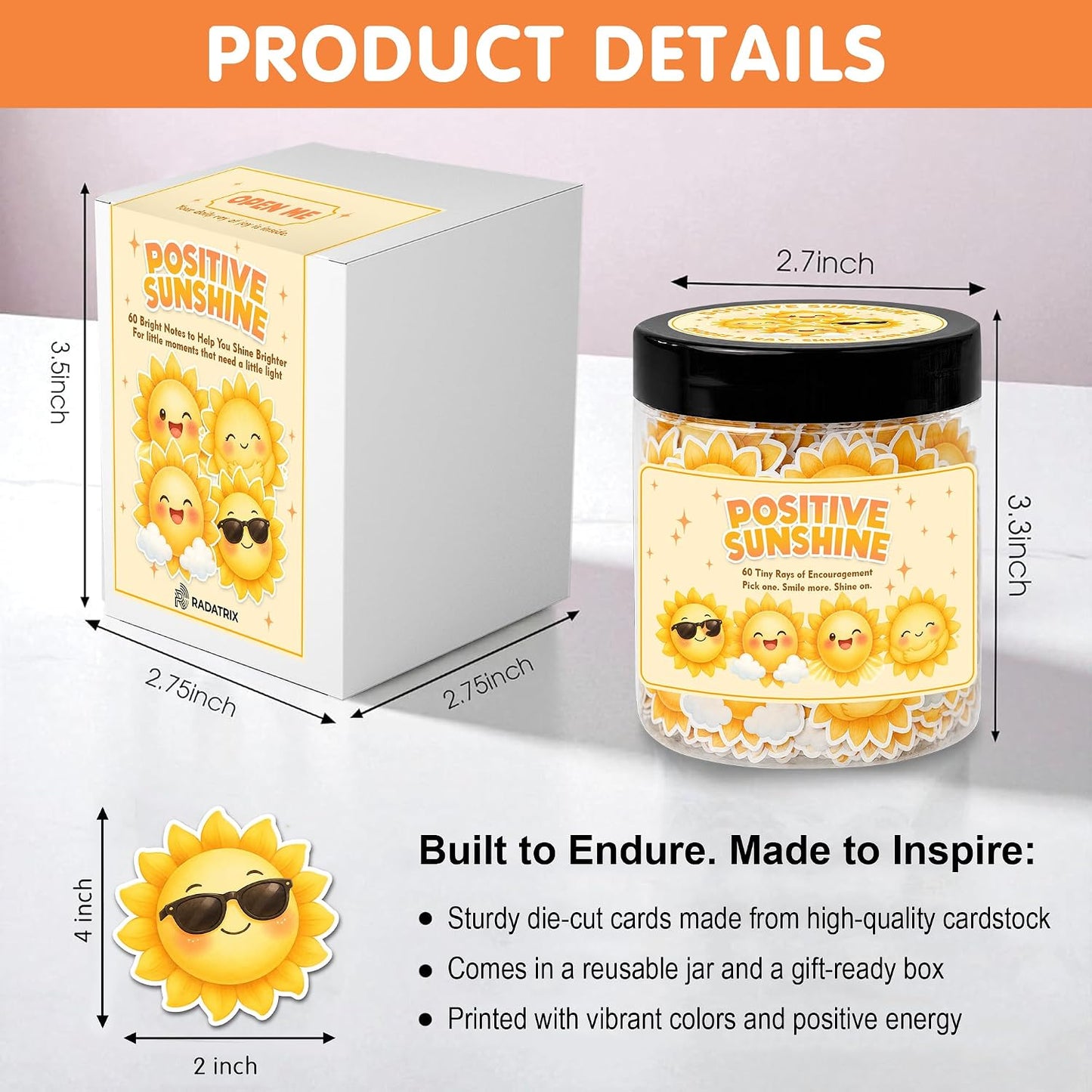 Positive Sunshine Jar with 60 Affirmation Cards - Box of Sunshine Gifts for Women, Cheer Up & Thinking of You Gift, Yellow Encouragement Decor for Best Friend, Birthday, Get Well & Christmas