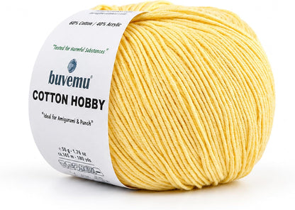 Cotton Hobby Yarn for Amigurumi Crochet & Knitting (Butter Yellow) | 1.76 oz (50g) / 180 yds, 60% Cotton 40% Acrylic Blend Yarn, Soft Lightweight Baby Yarn, Punch Needle Projects