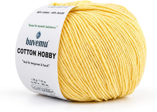 Cotton Hobby Yarn for Amigurumi Crochet & Knitting (Butter Yellow) | 1.76 oz (50g) / 180 yds, 60% Cotton 40% Acrylic Blend Yarn, Soft Lightweight Baby Yarn, Punch Needle Projects