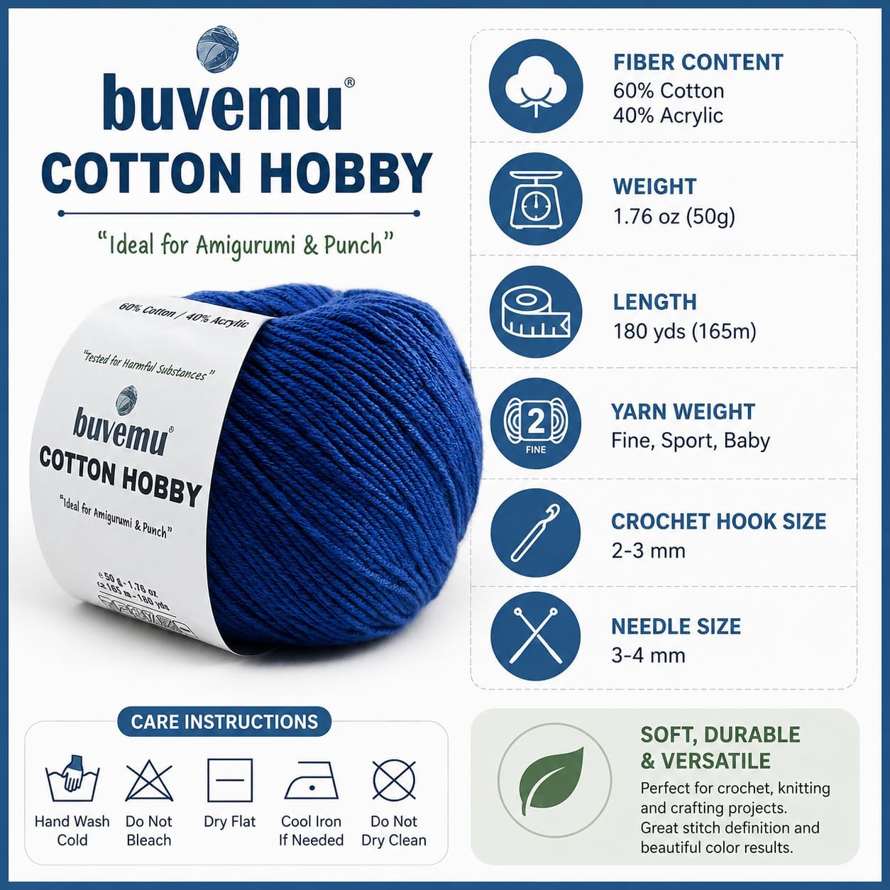 Cotton Hobby Yarn for Amigurumi Crochet & Knitting (Butter Yellow) | 1.76 oz (50g) / 180 yds, 60% Cotton 40% Acrylic Blend Yarn, Soft Lightweight Baby Yarn, Punch Needle Projects
