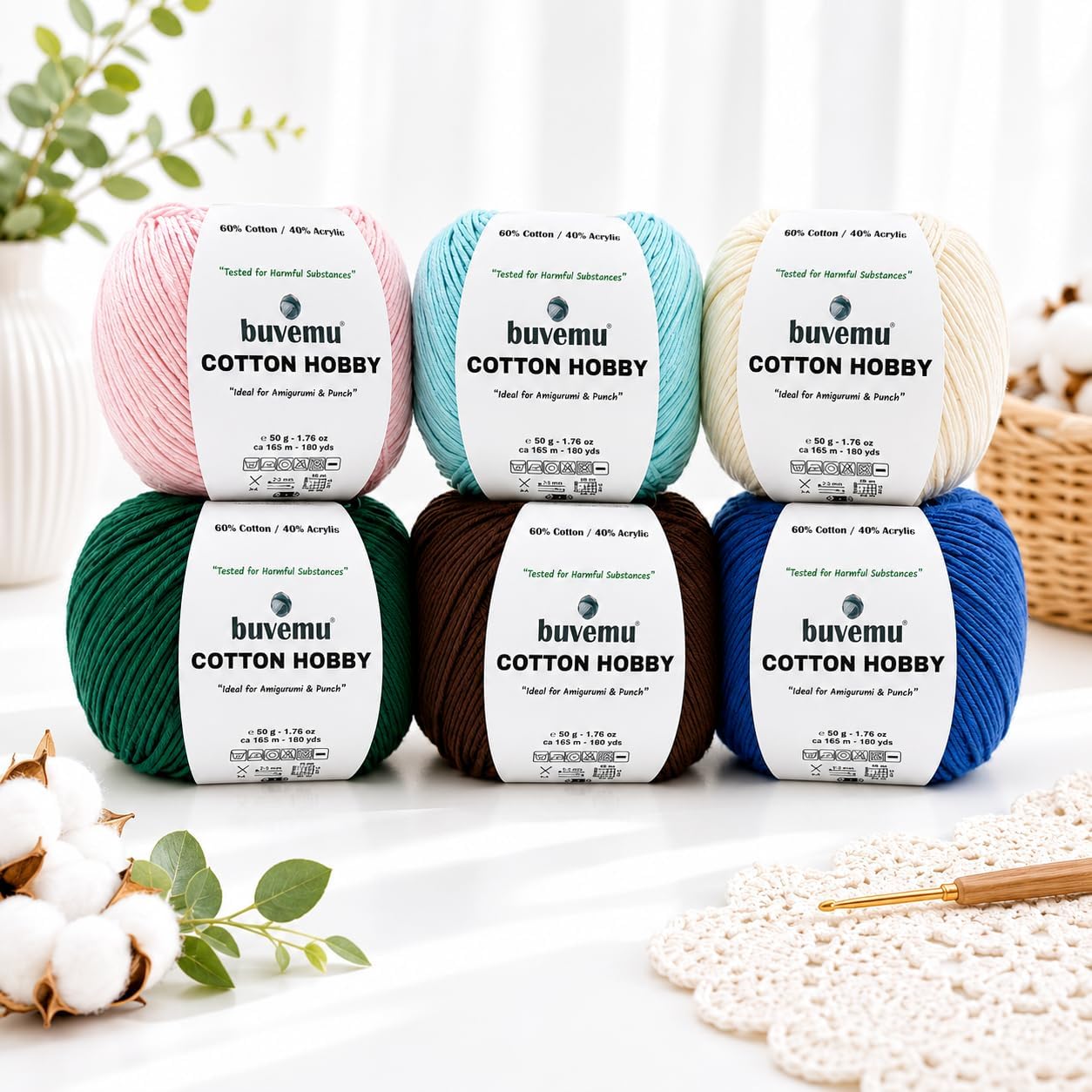 Cotton Hobby Yarn for Amigurumi Crochet & Knitting (Butter Yellow) | 1.76 oz (50g) / 180 yds, 60% Cotton 40% Acrylic Blend Yarn, Soft Lightweight Baby Yarn, Punch Needle Projects