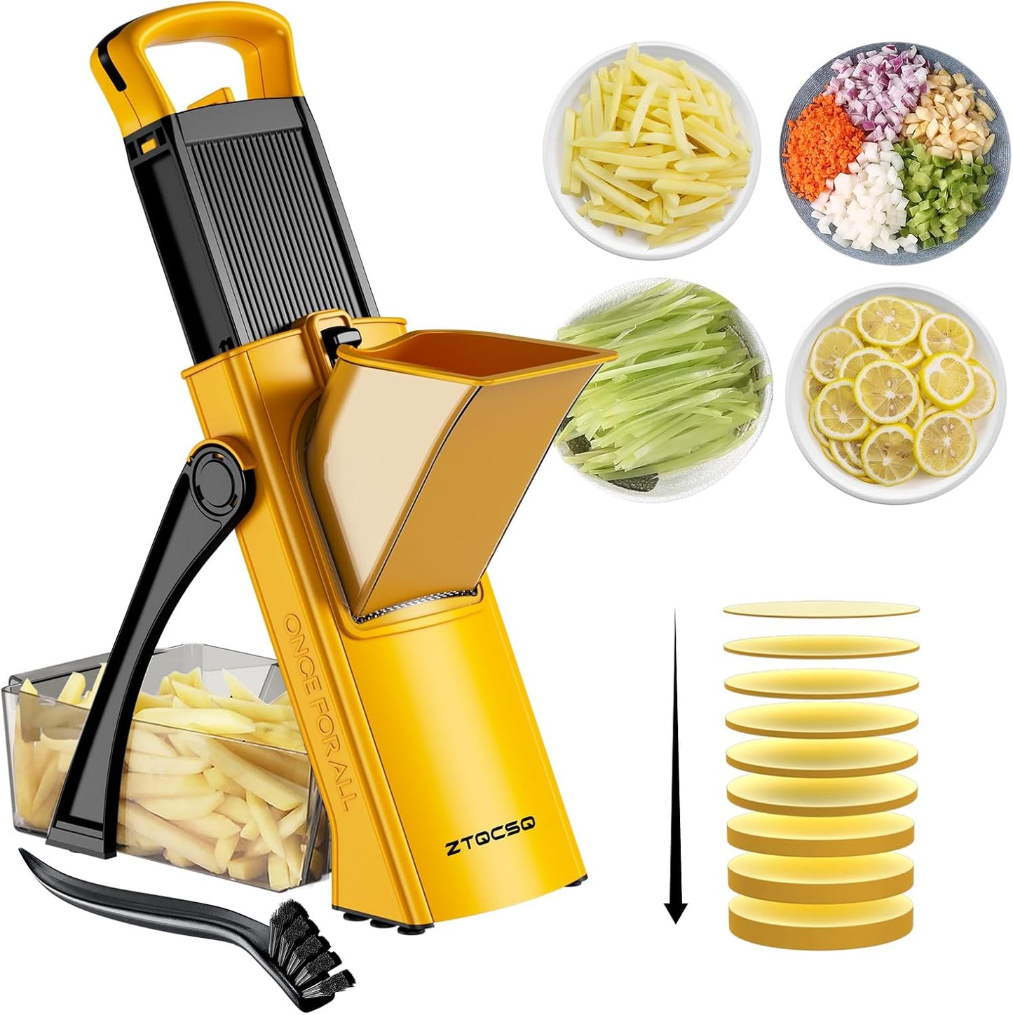 All in 1 Upgraded Version Safe Mandoline Slicer for Kitchen, Veggie Slicer | 0.1-8mm Adjustable Thickness/Potato Slicer/Rapid Prep Mandoline, Bigger Size, Detachable Blade, Cleaning Brush (Yellow)