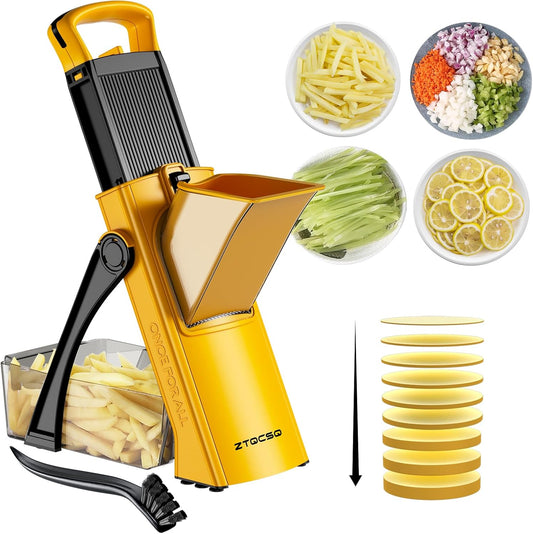 All in 1 Upgraded Version Safe Mandoline Slicer for Kitchen, Veggie Slicer | 0.1-8mm Adjustable Thickness/Potato Slicer/Rapid Prep Mandoline, Bigger Size, Detachable Blade, Cleaning Brush (Yellow)