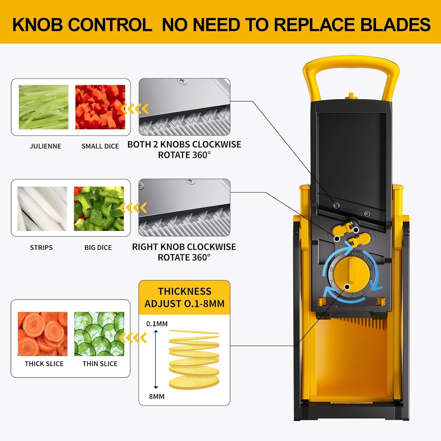 All in 1 Upgraded Version Safe Mandoline Slicer for Kitchen, Veggie Slicer | 0.1-8mm Adjustable Thickness/Potato Slicer/Rapid Prep Mandoline, Bigger Size, Detachable Blade, Cleaning Brush (Yellow)