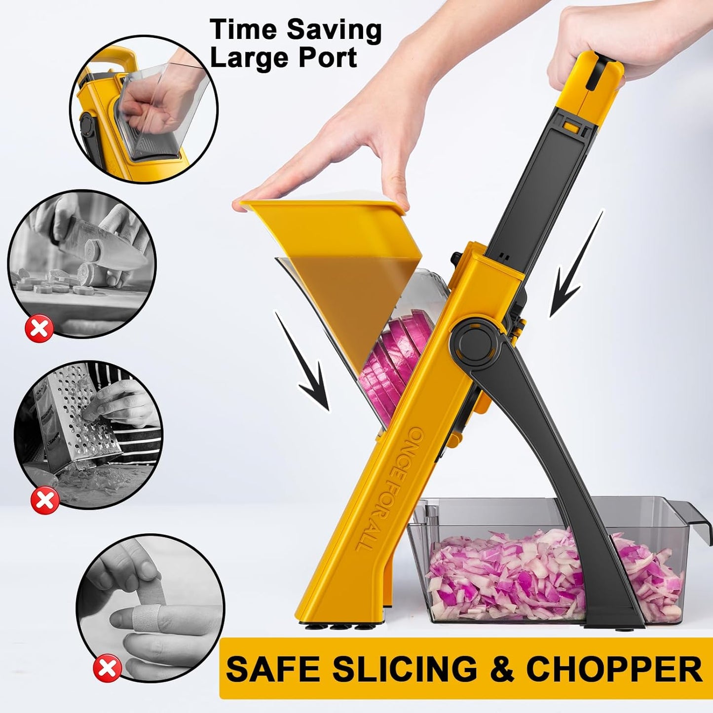 All in 1 Upgraded Version Safe Mandoline Slicer for Kitchen, Veggie Slicer | 0.1-8mm Adjustable Thickness/Potato Slicer/Rapid Prep Mandoline, Bigger Size, Detachable Blade, Cleaning Brush (Yellow)