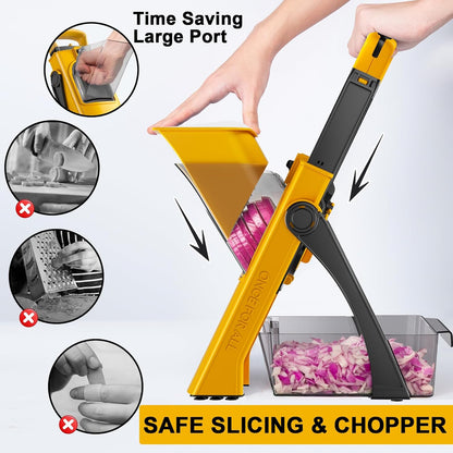 All in 1 Upgraded Version Safe Mandoline Slicer for Kitchen, Veggie Slicer | 0.1-8mm Adjustable Thickness/Potato Slicer/Rapid Prep Mandoline, Bigger Size, Detachable Blade, Cleaning Brush (Yellow)