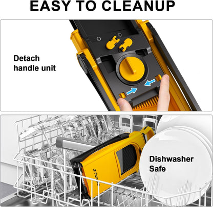 All in 1 Upgraded Version Safe Mandoline Slicer for Kitchen, Veggie Slicer | 0.1-8mm Adjustable Thickness/Potato Slicer/Rapid Prep Mandoline, Bigger Size, Detachable Blade, Cleaning Brush (Yellow)