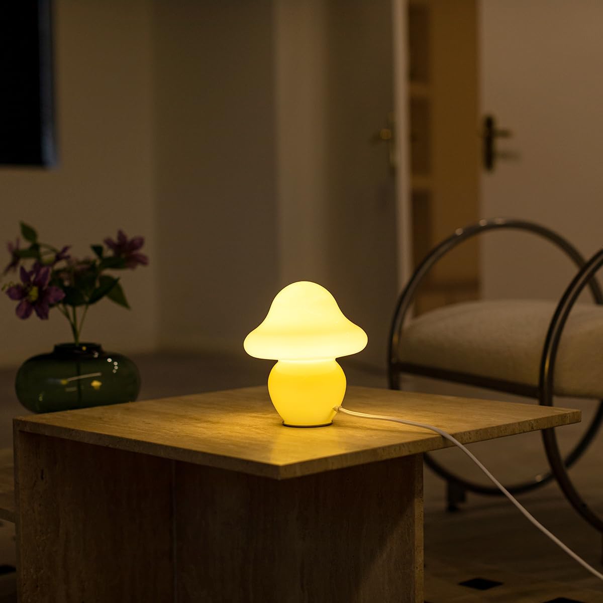 Mushroom Lamp White Glass Mushroom Table Lamp for Bedrooms, Living Room, Aesthetic Lamps for Bedroom, Cute Bedside Lamp (Yellow)