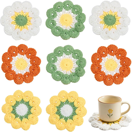 8pcs Handmade Crochet Flower Coasters Set Cute Drink Coasters | 5" Colorful Floral Small Beautiful Artistic Dollies Set Heat Resistant for Coffee Dining Tabletop Green Yellow Orange Cream