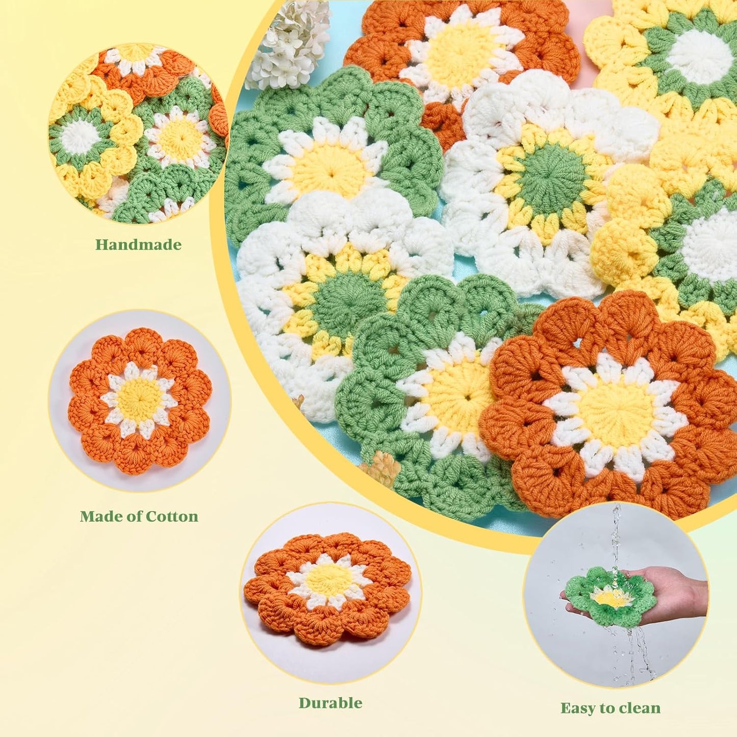 8pcs Handmade Crochet Flower Coasters Set Cute Drink Coasters | 5" Colorful Floral Small Beautiful Artistic Dollies Set Heat Resistant for Coffee Dining Tabletop Green Yellow Orange Cream