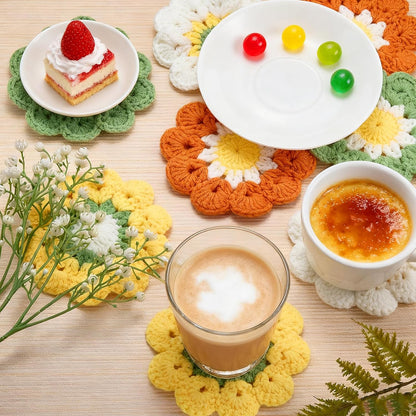 8pcs Handmade Crochet Flower Coasters Set Cute Drink Coasters | 5" Colorful Floral Small Beautiful Artistic Dollies Set Heat Resistant for Coffee Dining Tabletop Green Yellow Orange Cream