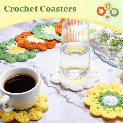 8pcs Handmade Crochet Flower Coasters Set Cute Drink Coasters | 5" Colorful Floral Small Beautiful Artistic Dollies Set Heat Resistant for Coffee Dining Tabletop Green Yellow Orange Cream