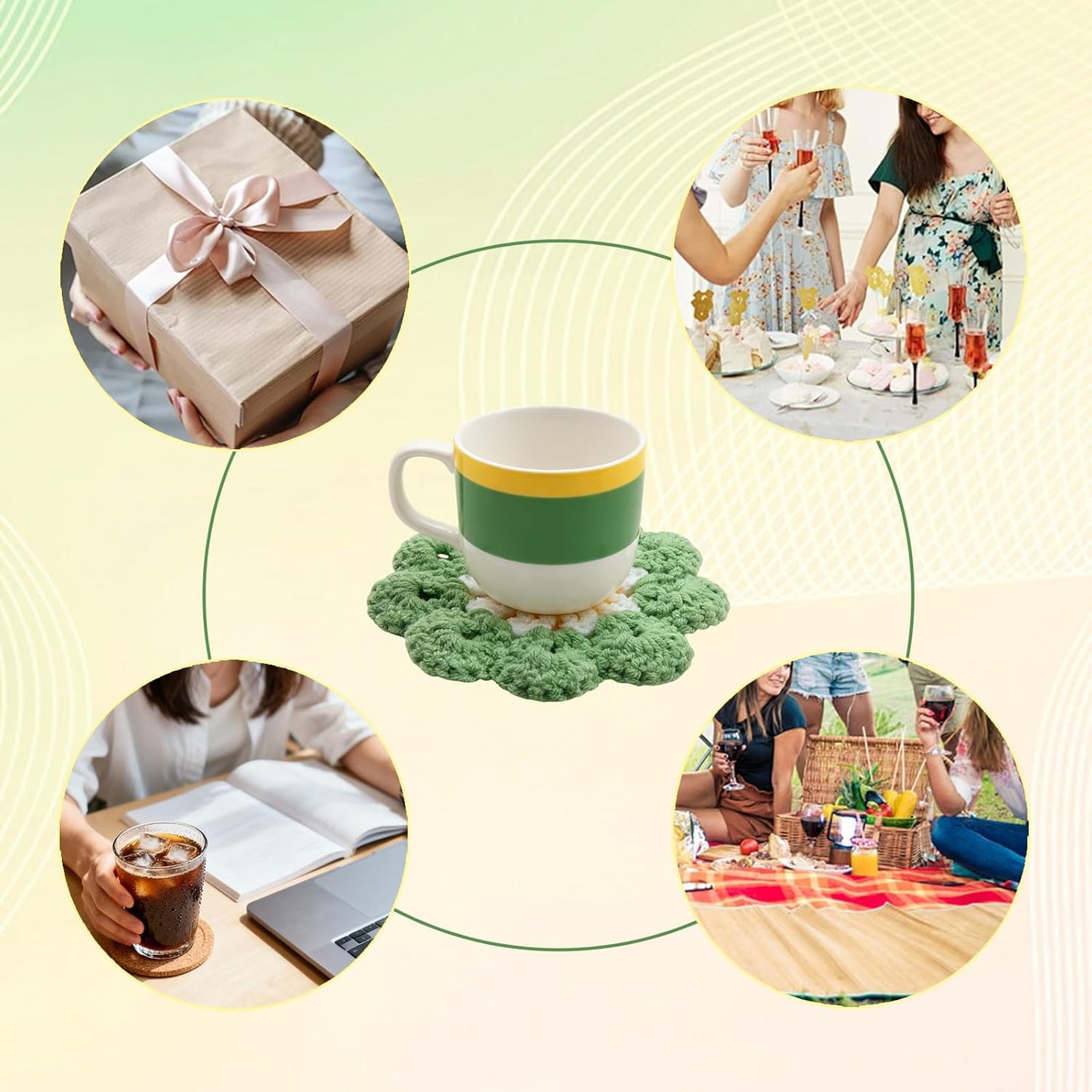 8pcs Handmade Crochet Flower Coasters Set Cute Drink Coasters | 5" Colorful Floral Small Beautiful Artistic Dollies Set Heat Resistant for Coffee Dining Tabletop Green Yellow Orange Cream