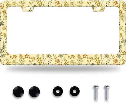 Yellow Wild Flowers License Plate Frame Stainless Steel Accessory12.3x6.3In | Funny License Plate Holder Personalise Cars Universal Decoration with 2 Holes and Screws 12.3" x 6.3" for Men Women