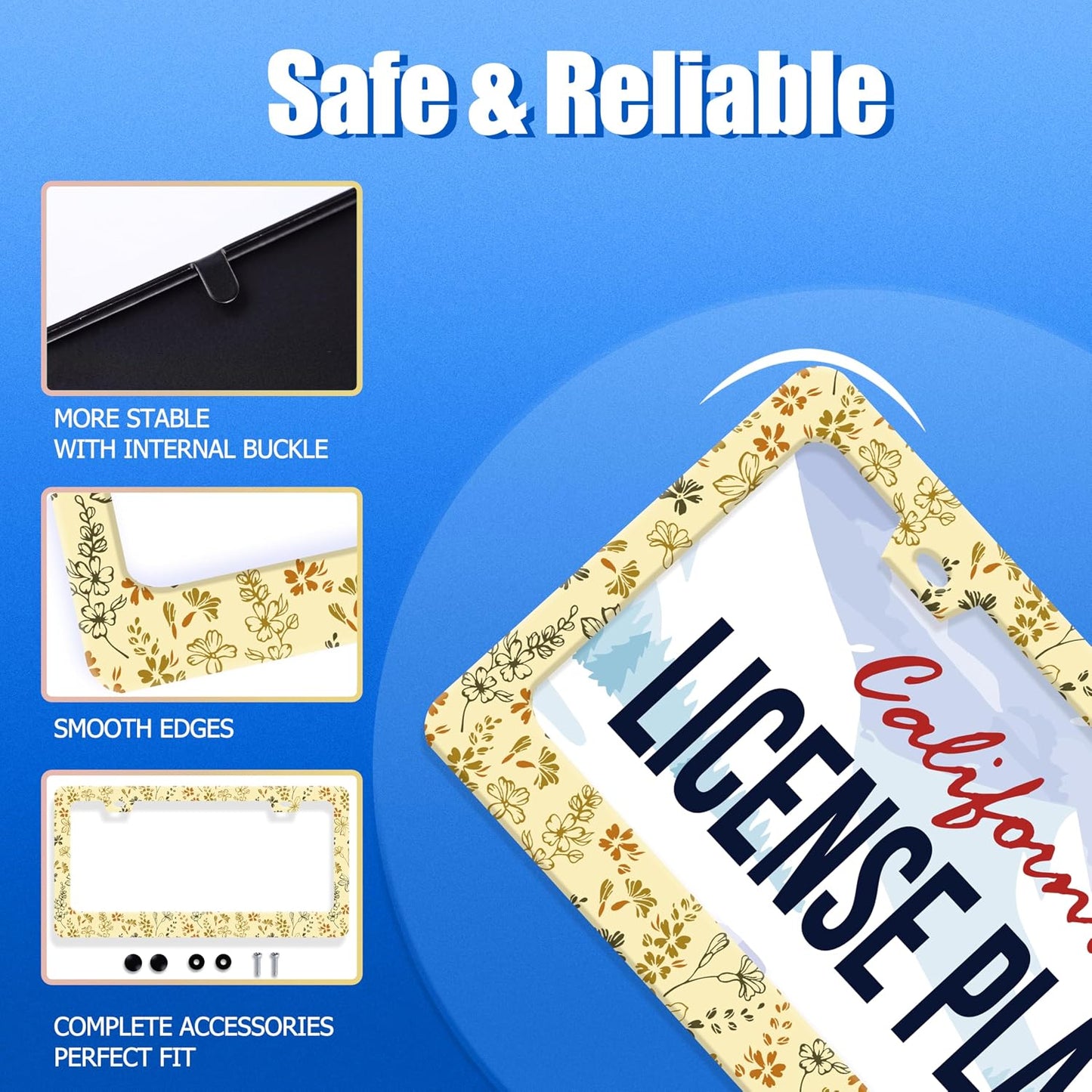 Yellow Wild Flowers License Plate Frame Stainless Steel Accessory12.3x6.3In | Funny License Plate Holder Personalise Cars Universal Decoration with 2 Holes and Screws 12.3" x 6.3" for Men Women