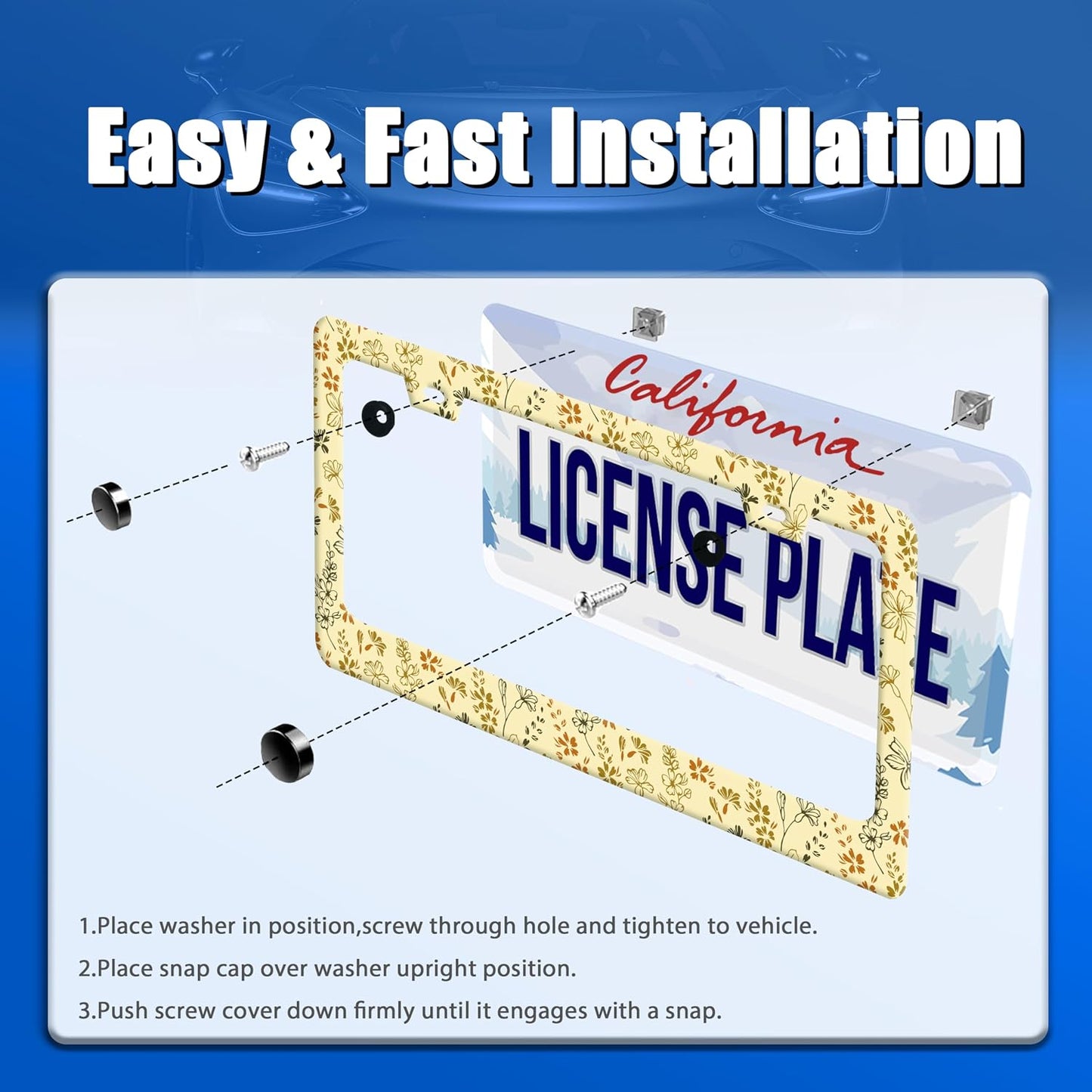 Yellow Wild Flowers License Plate Frame Stainless Steel Accessory12.3x6.3In | Funny License Plate Holder Personalise Cars Universal Decoration with 2 Holes and Screws 12.3" x 6.3" for Men Women