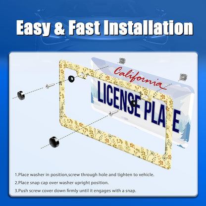 Yellow Wild Flowers License Plate Frame Stainless Steel Accessory12.3x6.3In | Funny License Plate Holder Personalise Cars Universal Decoration with 2 Holes and Screws 12.3" x 6.3" for Men Women
