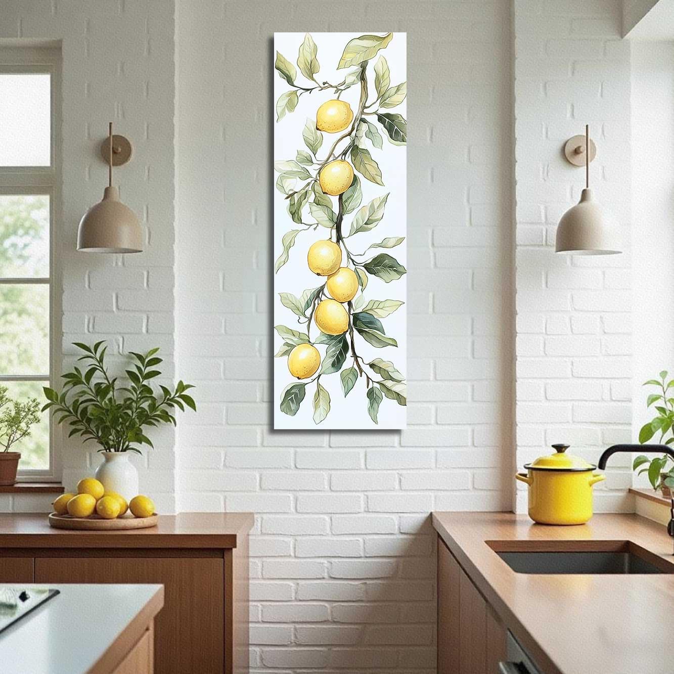 Lemon Pictures for Kitchen Lemon Wall Art Citrus Canvas Prints Yellow Fruit Tree Poster Summer Paintings Farmhouse Kitchen Decor Frame (White, (24L x 8W))