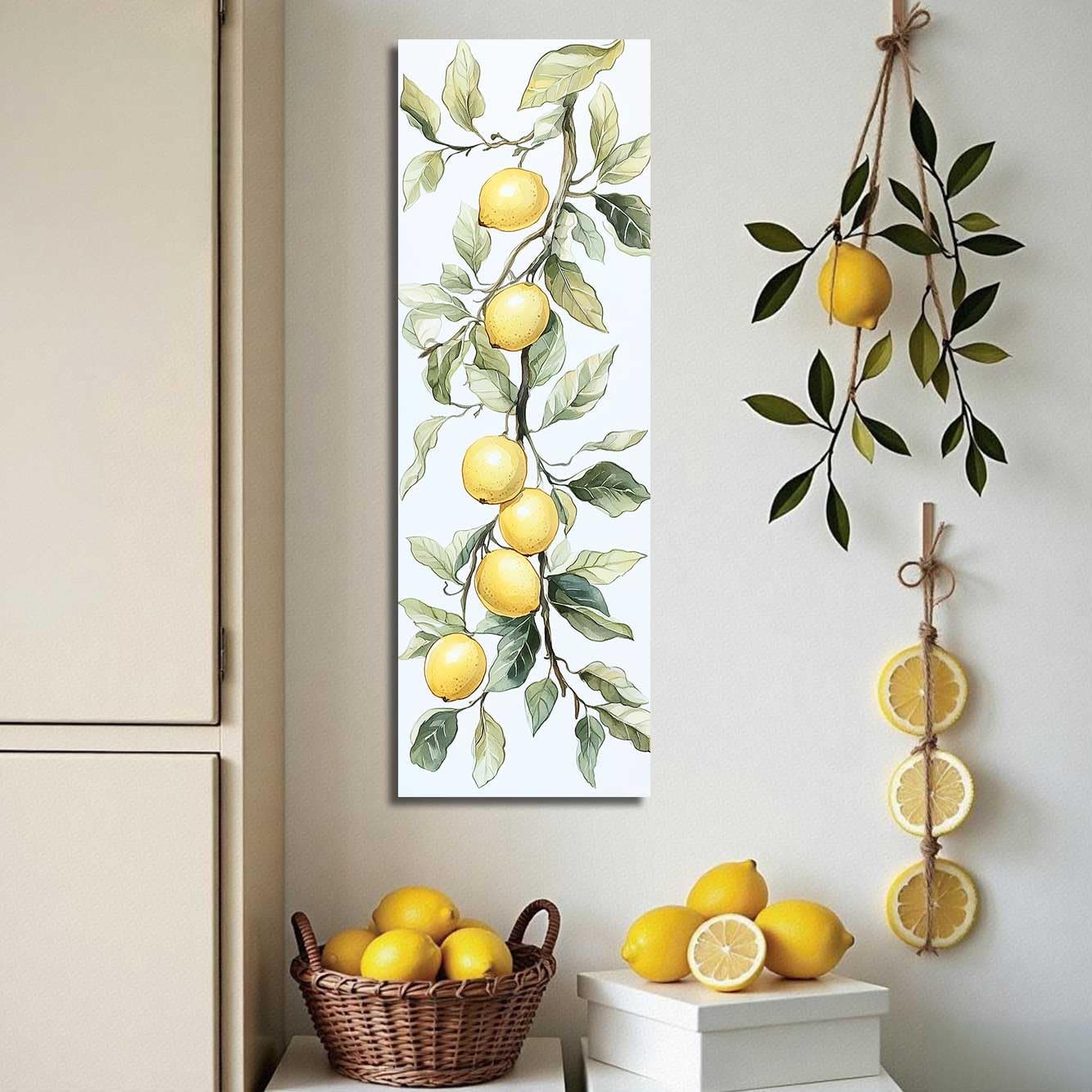 Lemon Pictures for Kitchen Lemon Wall Art Citrus Canvas Prints Yellow Fruit Tree Poster Summer Paintings Farmhouse Kitchen Decor Frame (White, (24L x 8W))