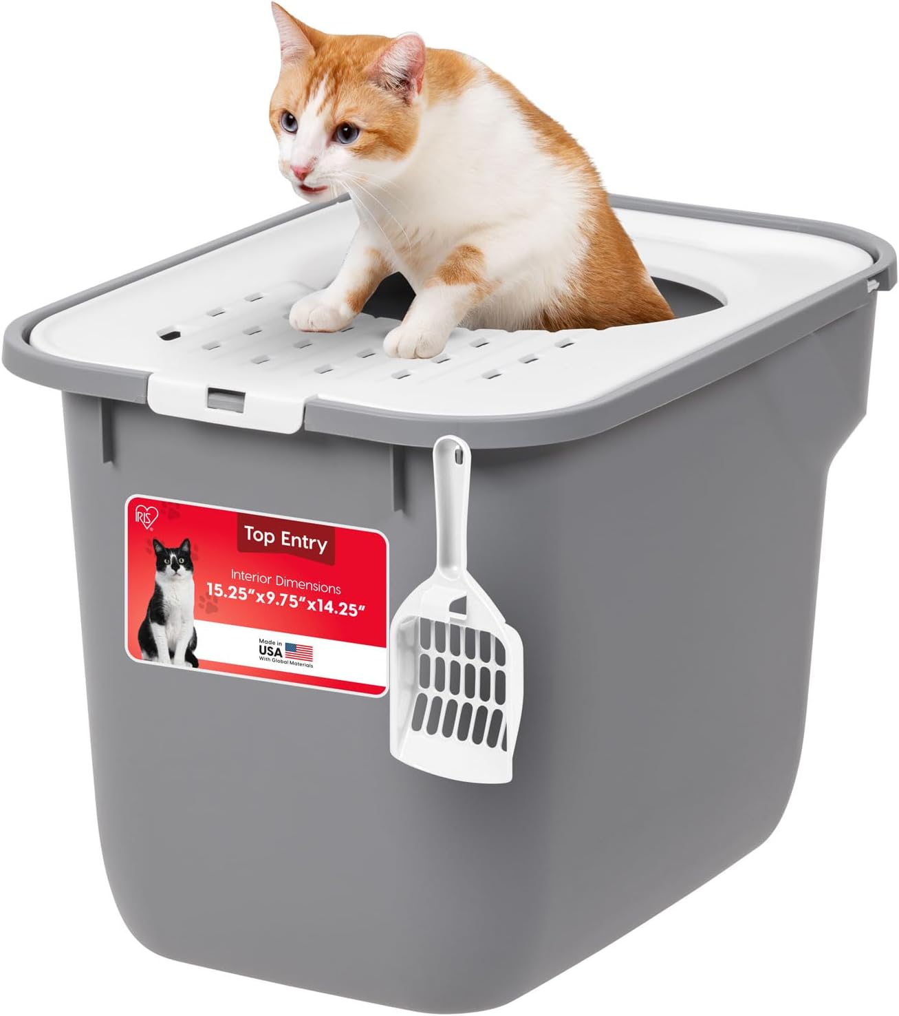Large Top Entry Cat Litter Box with Lid, Enclosed Covered Cat Litter Box for Indoor Cats, Dog Proof Design, Odor Control, Litter Tracking Reduction, Scoop Included, Gray/White