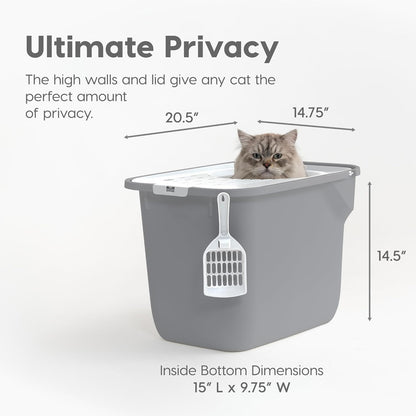 Large Top Entry Cat Litter Box with Lid, Enclosed Covered Cat Litter Box for Indoor Cats, Dog Proof Design, Odor Control, Litter Tracking Reduction, Scoop Included, Gray/White