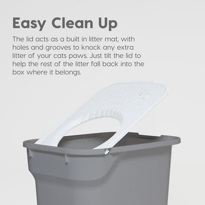 Large Top Entry Cat Litter Box with Lid, Enclosed Covered Cat Litter Box for Indoor Cats, Dog Proof Design, Odor Control, Litter Tracking Reduction, Scoop Included, Gray/White