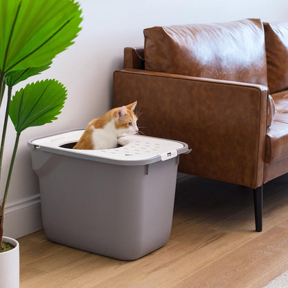Large Top Entry Cat Litter Box with Lid, Enclosed Covered Cat Litter Box for Indoor Cats, Dog Proof Design, Odor Control, Litter Tracking Reduction, Scoop Included, Gray/White