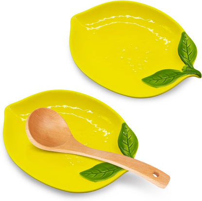 2 PCS Lemon Spoon Rest Set, Ceramic Spoon Rests for Stove Top & Kitchen Counter, Lemon Kitchen Decor and Accessories, Coffee Bar Spoon Rest Holder, Dishwasher Safe Yellow