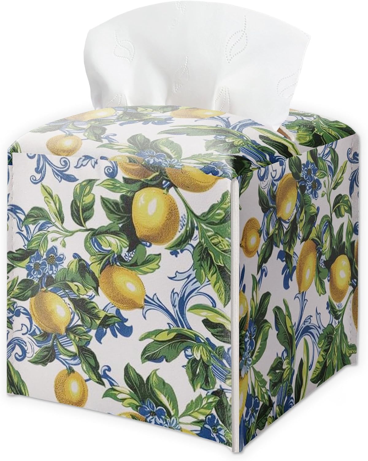 Lemon Tissue Box Cover Square - Leaves & Lemon Tissue Holder - Waterproof Facial Paper Organizer for Home Bathroom Office - Desk Tabletop Supplies Decorative Dispenser Box - A05