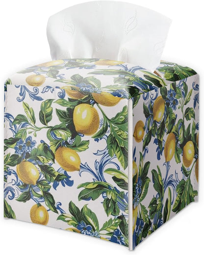 Lemon Tissue Box Cover Square - Leaves & Lemon Tissue Holder - Waterproof Facial Paper Organizer for Home Bathroom Office - Desk Tabletop Supplies Decorative Dispenser Box - A05