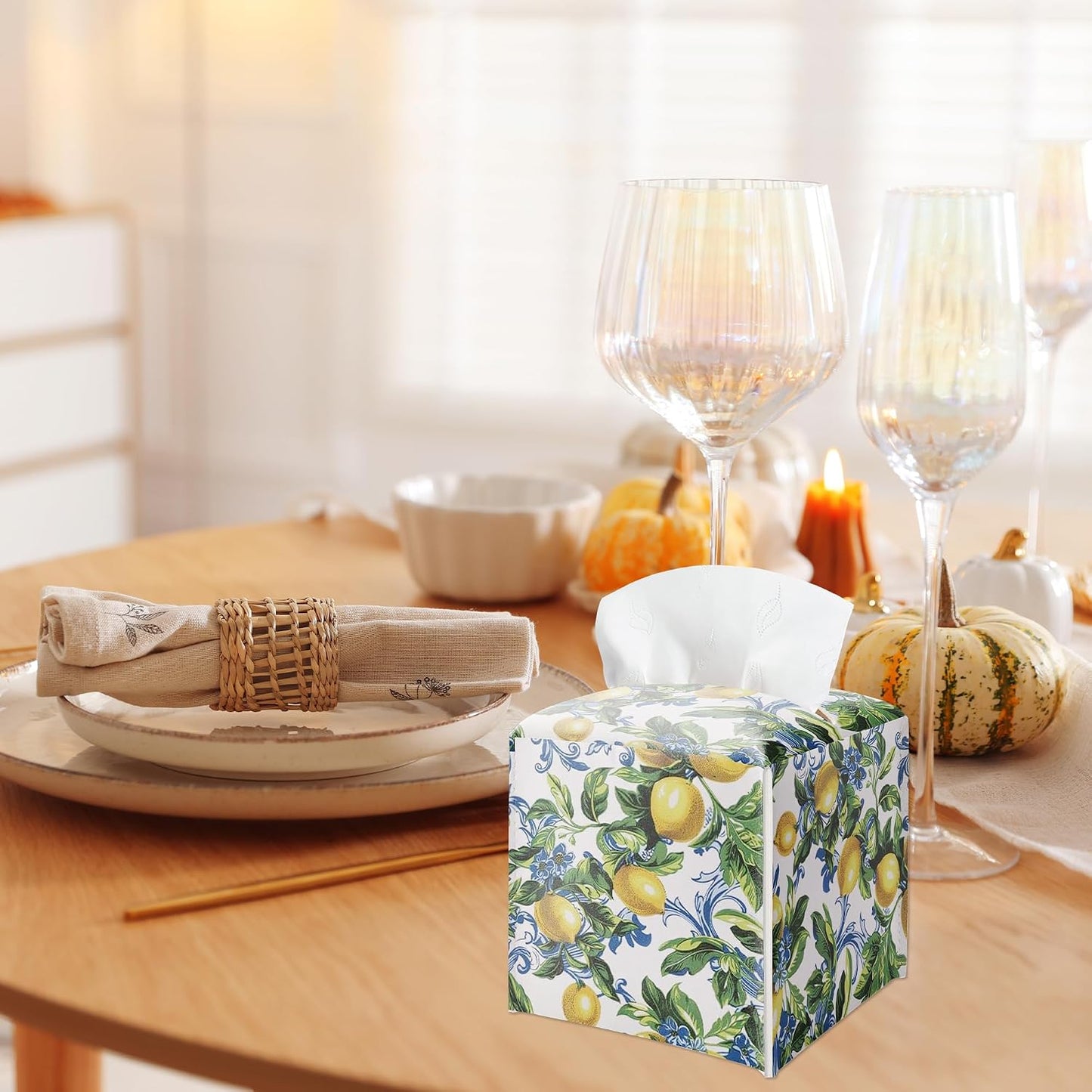 Lemon Tissue Box Cover Square - Leaves & Lemon Tissue Holder - Waterproof Facial Paper Organizer for Home Bathroom Office - Desk Tabletop Supplies Decorative Dispenser Box - A05