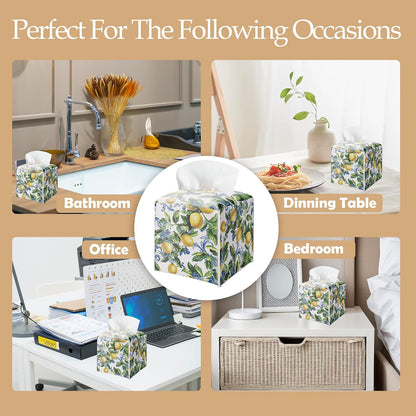 Lemon Tissue Box Cover Square - Leaves & Lemon Tissue Holder - Waterproof Facial Paper Organizer for Home Bathroom Office - Desk Tabletop Supplies Decorative Dispenser Box - A05
