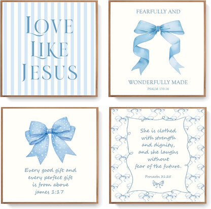 Coquette Yellow Bow Jesus Wall Art Decor Posters, Butter Yellow Bow Christian Room Bedroom Bathroom Dorm Wall Art Decor Aesthetic for College Teen Girls Gifts, Inspirational Bible Verses Bow Wall Decor, 10x8 Inch Set of 4 Bow Pictures(UNFRAMED)