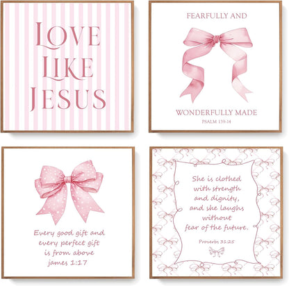 Coquette Yellow Bow Jesus Wall Art Decor Posters, Butter Yellow Bow Christian Room Bedroom Bathroom Dorm Wall Art Decor Aesthetic for College Teen Girls Gifts, Inspirational Bible Verses Bow Wall Decor, 10x8 Inch Set of 4 Bow Pictures(UNFRAMED)