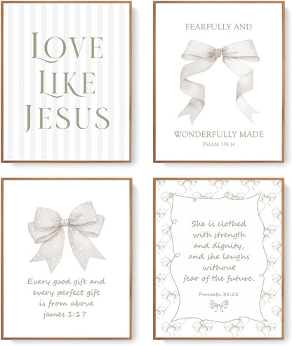 Coquette Yellow Bow Jesus Wall Art Decor Posters, Butter Yellow Bow Christian Room Bedroom Bathroom Dorm Wall Art Decor Aesthetic for College Teen Girls Gifts, Inspirational Bible Verses Bow Wall Decor, 10x8 Inch Set of 4 Bow Pictures(UNFRAMED)