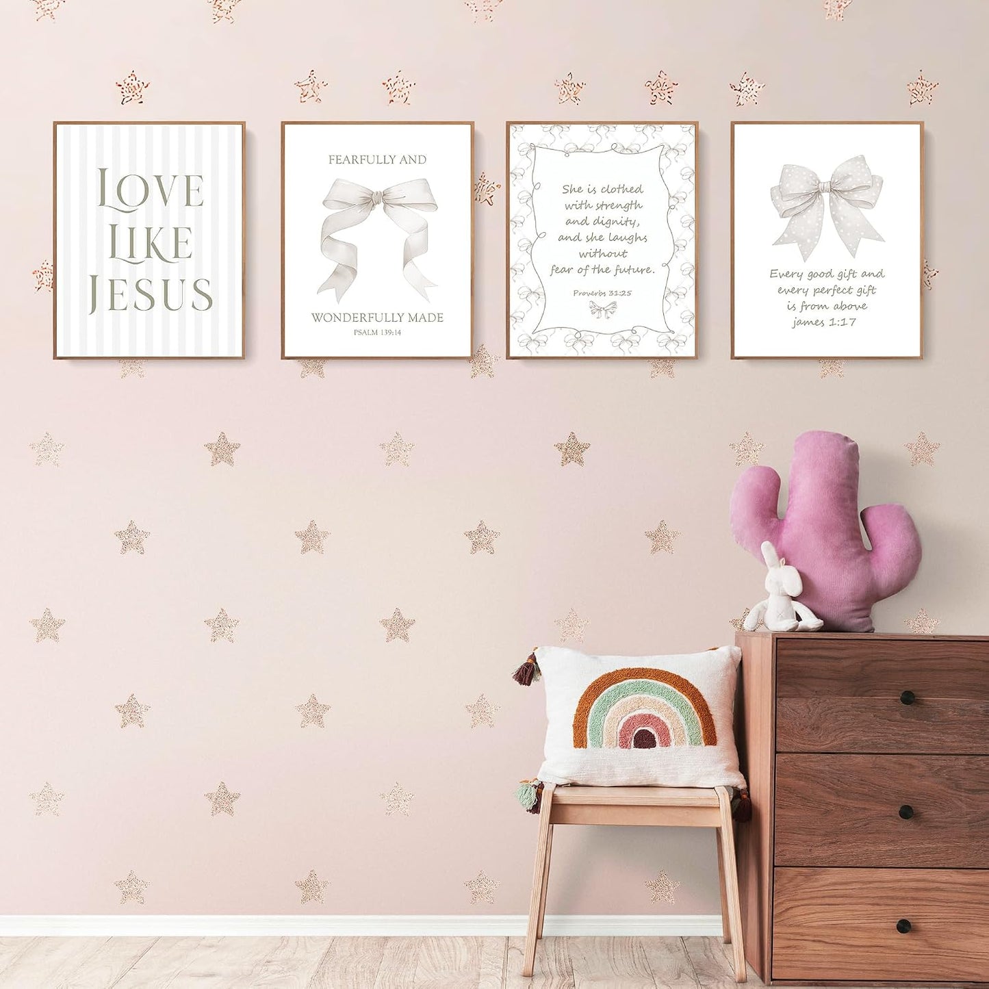 Coquette Yellow Bow Jesus Wall Art Decor Posters, Butter Yellow Bow Christian Room Bedroom Bathroom Dorm Wall Art Decor Aesthetic for College Teen Girls Gifts, Inspirational Bible Verses Bow Wall Decor, 10x8 Inch Set of 4 Bow Pictures(UNFRAMED)