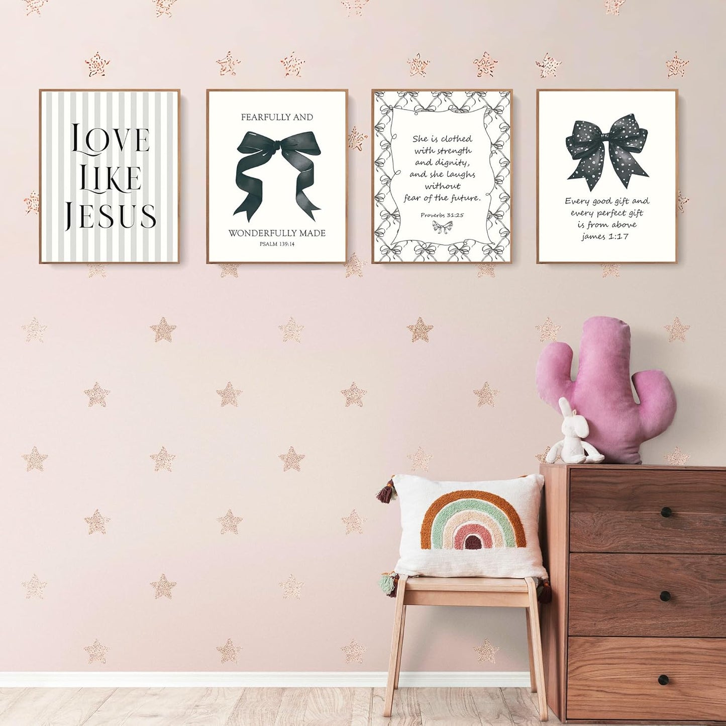 Coquette Yellow Bow Jesus Wall Art Decor Posters, Butter Yellow Bow Christian Room Bedroom Bathroom Dorm Wall Art Decor Aesthetic for College Teen Girls Gifts, Inspirational Bible Verses Bow Wall Decor, 10x8 Inch Set of 4 Bow Pictures(UNFRAMED)