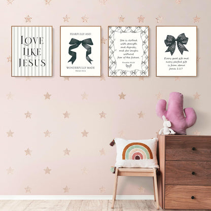 Coquette Yellow Bow Jesus Wall Art Decor Posters, Butter Yellow Bow Christian Room Bedroom Bathroom Dorm Wall Art Decor Aesthetic for College Teen Girls Gifts, Inspirational Bible Verses Bow Wall Decor, 10x8 Inch Set of 4 Bow Pictures(UNFRAMED)