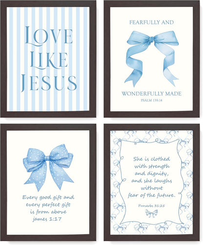 Coquette Yellow Bow Jesus Wall Art Decor Posters, Butter Yellow Bow Christian Room Bedroom Bathroom Dorm Wall Art Decor Aesthetic for College Teen Girls Gifts, Inspirational Bible Verses Bow Wall Decor, 10x8 Inch Set of 4 Bow Pictures(UNFRAMED)