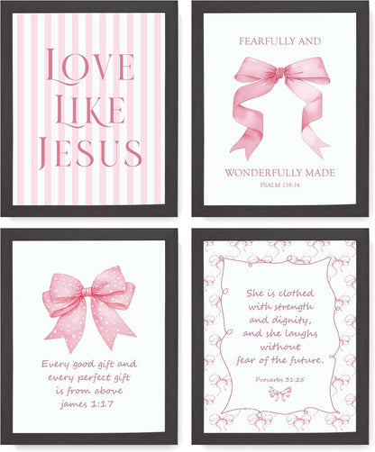 Coquette Yellow Bow Jesus Wall Art Decor Posters, Butter Yellow Bow Christian Room Bedroom Bathroom Dorm Wall Art Decor Aesthetic for College Teen Girls Gifts, Inspirational Bible Verses Bow Wall Decor, 10x8 Inch Set of 4 Bow Pictures(UNFRAMED)