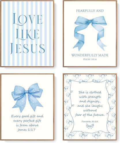 Coquette Yellow Bow Jesus Wall Art Decor Posters, Butter Yellow Bow Christian Room Bedroom Bathroom Dorm Wall Art Decor Aesthetic for College Teen Girls Gifts, Inspirational Bible Verses Bow Wall Decor, 10x8 Inch Set of 4 Bow Pictures(UNFRAMED)