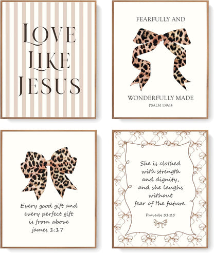 Coquette Yellow Bow Jesus Wall Art Decor Posters, Butter Yellow Bow Christian Room Bedroom Bathroom Dorm Wall Art Decor Aesthetic for College Teen Girls Gifts, Inspirational Bible Verses Bow Wall Decor, 10x8 Inch Set of 4 Bow Pictures(UNFRAMED)