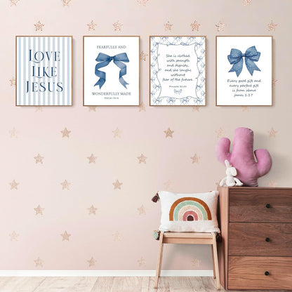 Coquette Yellow Bow Jesus Wall Art Decor Posters, Butter Yellow Bow Christian Room Bedroom Bathroom Dorm Wall Art Decor Aesthetic for College Teen Girls Gifts, Inspirational Bible Verses Bow Wall Decor, 10x8 Inch Set of 4 Bow Pictures(UNFRAMED)