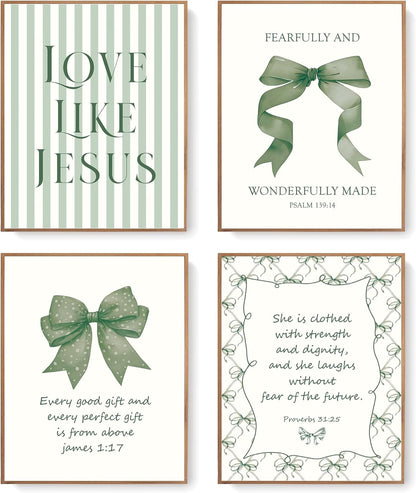 Coquette Yellow Bow Jesus Wall Art Decor Posters, Butter Yellow Bow Christian Room Bedroom Bathroom Dorm Wall Art Decor Aesthetic for College Teen Girls Gifts, Inspirational Bible Verses Bow Wall Decor, 10x8 Inch Set of 4 Bow Pictures(UNFRAMED)