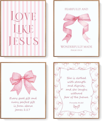 Coquette Yellow Bow Jesus Wall Art Decor Posters, Butter Yellow Bow Christian Room Bedroom Bathroom Dorm Wall Art Decor Aesthetic for College Teen Girls Gifts, Inspirational Bible Verses Bow Wall Decor, 10x8 Inch Set of 4 Bow Pictures(UNFRAMED)