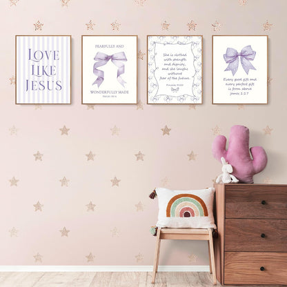 Coquette Yellow Bow Jesus Wall Art Decor Posters, Butter Yellow Bow Christian Room Bedroom Bathroom Dorm Wall Art Decor Aesthetic for College Teen Girls Gifts, Inspirational Bible Verses Bow Wall Decor, 10x8 Inch Set of 4 Bow Pictures(UNFRAMED)